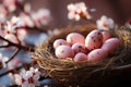 Easter poster with Flower and Easter eggs in the nest on light pink background