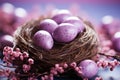 Easter poster with Flower and Easter eggs in the nest on light pink background