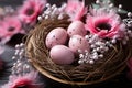 Easter poster with Flower and Easter eggs in the nest on light pink background