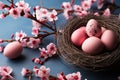 Easter poster with Flower and Easter eggs in the nest on light pink background