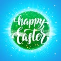 Easter poster. Spring illustration on grass globe and clouds