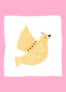 Easter poster with a yellow flying bird on a pink background.