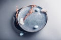 Easter preparation. Close up of dishes with eggs, feathers and spring branches. Ceramic plates on grey background. Royalty Free Stock Photo