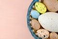 Easter quail eggs in a basket on a pale pink background. Royalty Free Stock Photo