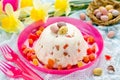 Easter quark dessert with candied fruit and easter candy speckle Royalty Free Stock Photo