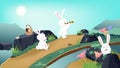 Easter, rabbit adventure in wonderland, bunny cartoon, fantasy story, nature landscape, spring season poster background, holiday