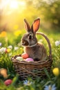 Easter rabbit and basket full of colorful Easter eggs and spring flowers. Royalty Free Stock Photo
