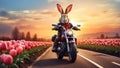 Easter rabbit biker on a motorcycle driving along the tulips road into the sunset Royalty Free Stock Photo