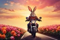 Easter rabbit biker on a motorcycle driving along the tulips road into the sunset Royalty Free Stock Photo