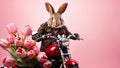 Easter rabbit biker on a motorcycle with tulips on pink background Royalty Free Stock Photo