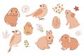 Easter rabbit, birds, eggs set. Cute vector bunny isolated element, spring floral collection hand drawn in vector