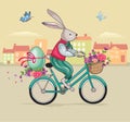 Easter rabbit or bunny on Bicycle. Vintage holiday poster, card. Wonderland. Happy Easter. Magic story.