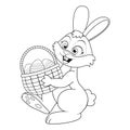 Easter Rabbit carrying basket full of decorated Eggs. Side view. Template of coloring book with colorless cartoon Rabbit. Royalty Free Stock Photo