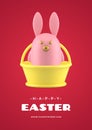 Easter rabbit character bauble in basket 3d greeting card design template realistic vector illustration