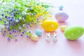 Easter rabbit with Easter eggs on wooden background. Close-up Royalty Free Stock Photo