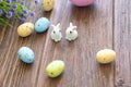 Easter rabbit with Easter eggs on wooden background. Close-up Royalty Free Stock Photo