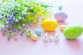 Easter rabbit with Easter eggs on wooden background. Close-up Royalty Free Stock Photo