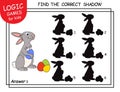 Easter Rabbit with eggs. Find the correct shadow. Task with answer. Cute cartoon Hare. Learning matching game with fun Bunny.