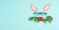 Easter rabbit face with a heart shaped nose, whiskers from carrot leaves and eyeglasse, holiday greeting card, spring season