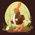 Easter rabbit holding a basket in hand with flowerrs and leaves. Vector illustration Royalty Free Stock Photo