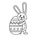 Easter rabbit hugging egg thin line