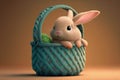 Easter rabbit looking out of a wicker basket, full of colored Easter eggs in pastel tones, greeting card, artificial intelligence Royalty Free Stock Photo