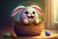 Easter rabbit looking out of a wicker basket, full of colored Easter eggs in pastel tones, greeting card, artificial intelligence Royalty Free Stock Photo