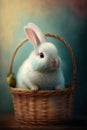 Easter rabbit looking out of a wicker basket, full of colored Easter eggs in pastel tones, greeting card, artificial intelligence Royalty Free Stock Photo