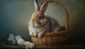 Easter rabbit looking out of a wicker basket, full of colored Easter eggs in pastel tones, greeting card, artificial intelligence Royalty Free Stock Photo