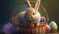 Easter rabbit looking out of a wicker basket, full of colored Easter eggs in pastel tones, greeting card, artificial intelligence Royalty Free Stock Photo