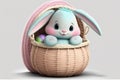 Easter rabbit looking out of a wicker basket, full of colored Easter eggs in pastel tones, greeting card, artificial intelligence Royalty Free Stock Photo