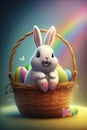 Easter rabbit looking out of a wicker basket, full of colored Easter eggs in pastel tones, greeting card, artificial intelligence Royalty Free Stock Photo