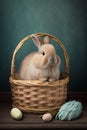 Easter rabbit looking out of a wicker basket, full of colored Easter eggs in pastel tones, greeting card, artificial intelligence Royalty Free Stock Photo