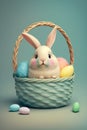 Easter rabbit looking out of a wicker basket, full of colored Easter eggs in pastel tones, greeting card, artificial intelligence Royalty Free Stock Photo