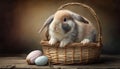 Easter rabbit looking out of a wicker basket, full of colored Easter eggs in pastel tones, greeting card, artificial intelligence Royalty Free Stock Photo