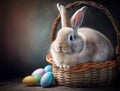 Easter rabbit looking out of a wicker basket, full of colored Easter eggs in pastel tones, greeting card, artificial intelligence Royalty Free Stock Photo