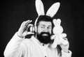 Easter rabbit. Man wearing rabbit suit. Funny bunny man with easter egg and toy. Easter activities concept. Egg hunt