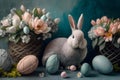 Easter rabbit sitting among spring flowers and easter eggs on a table. Festive decoration with a bunny, flowers and colored eggs, Royalty Free Stock Photo
