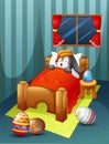 Easter rabbit wearing hat sleeping in bed with easter eggs Royalty Free Stock Photo