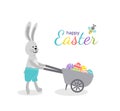 Easter rabbit, wheelbarrow, Easter egg. Bunny, barrow. Happy Easte card. Flat, cartoon, isolated Royalty Free Stock Photo