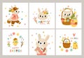 Easter rabbits cards. Cute cartoon bunny and little chicks characters, patterned holiday eggs with hunters, funny baby