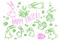 Easter rabbits hand drawn doodles set