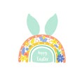 Easter rainbow with rabbit bunny ears. Floral easter graphic design element isolated. Spring flowers, hoppy easter text Royalty Free Stock Photo