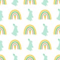 Easter rainbow rabbit bunny shape pattern. Spring floral easter seamless background in vector