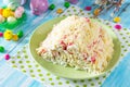 Easter recipe, festive appetizer. Salad stuffed with crab sticks