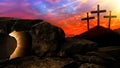 Easter religious background greeting card - crucifixion and resurrection of Jesus Christ at Golgota Golgotha, with brightly lit