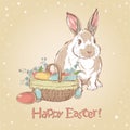 Easter retro card with cute hand drawn bunny