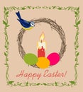 Easter retro greeting card with candle, painted eggs, blue tit and floral vignette Royalty Free Stock Photo