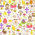 Easter retro seamless pattern with cute flowers and sweets, bird bunny on white background