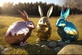 Easter robot bunnies made of shiny metal sit in the grass. AI generated